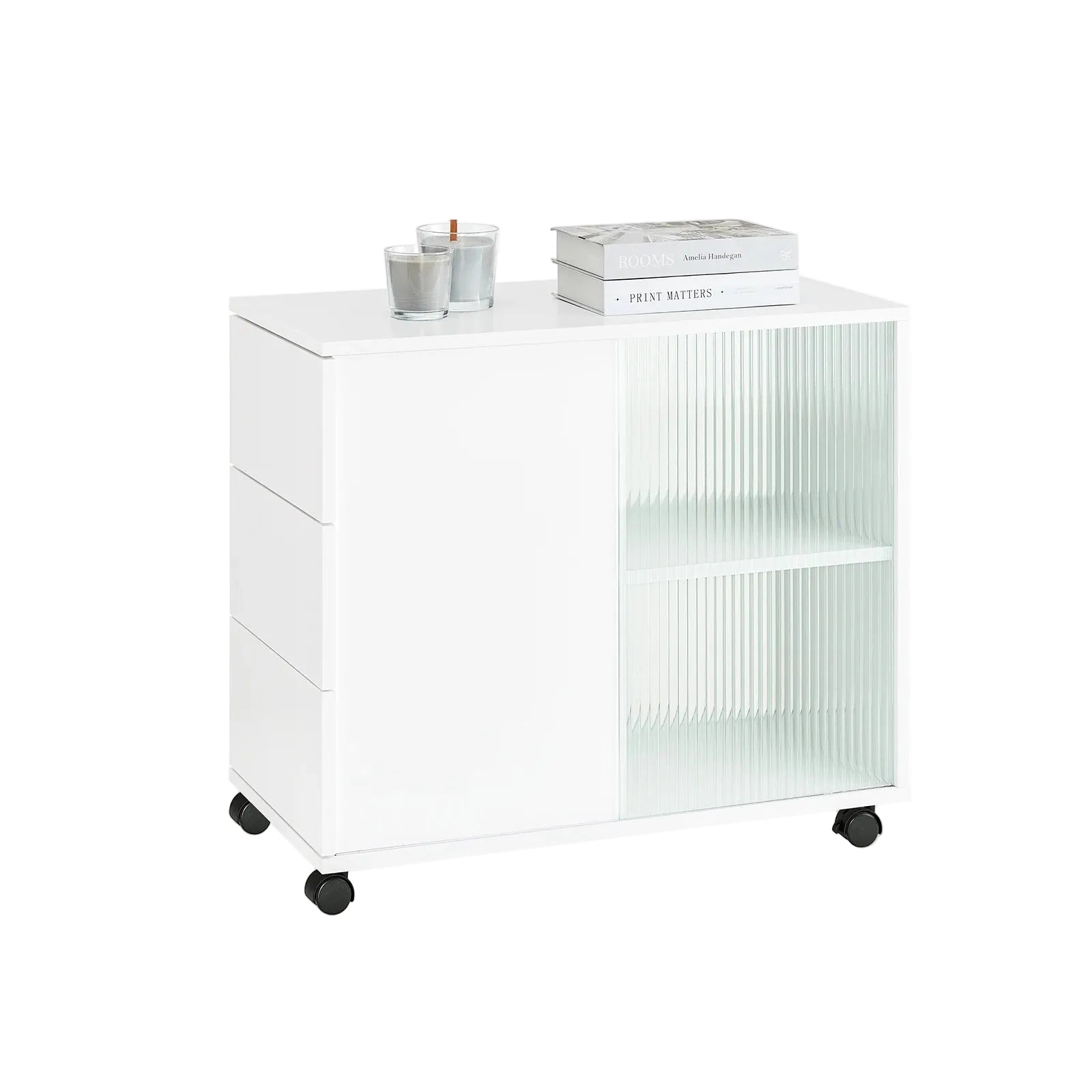 Rollcontainer 35 × 61 × 70 cm mit Glastüren und 3 Schubladen – Druckertisch auf Rollen