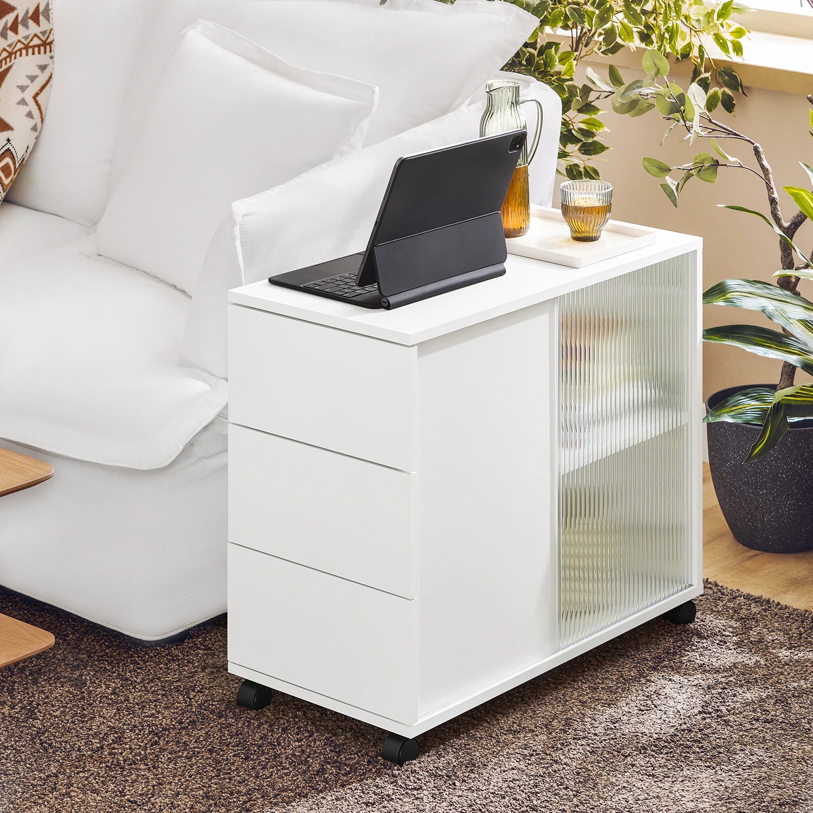 Rollcontainer 35 × 61 × 70 cm mit Glastüren und 3 Schubladen – Druckertisch auf Rollen