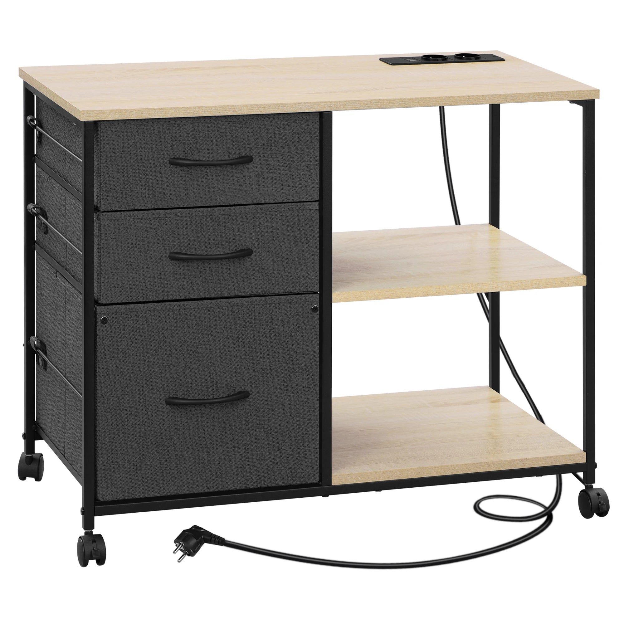 Rollcontainer 80 × 66 × 40 cm mit Ladestation und 3 Stoffschubladen – Druckertisch auf Rollen
