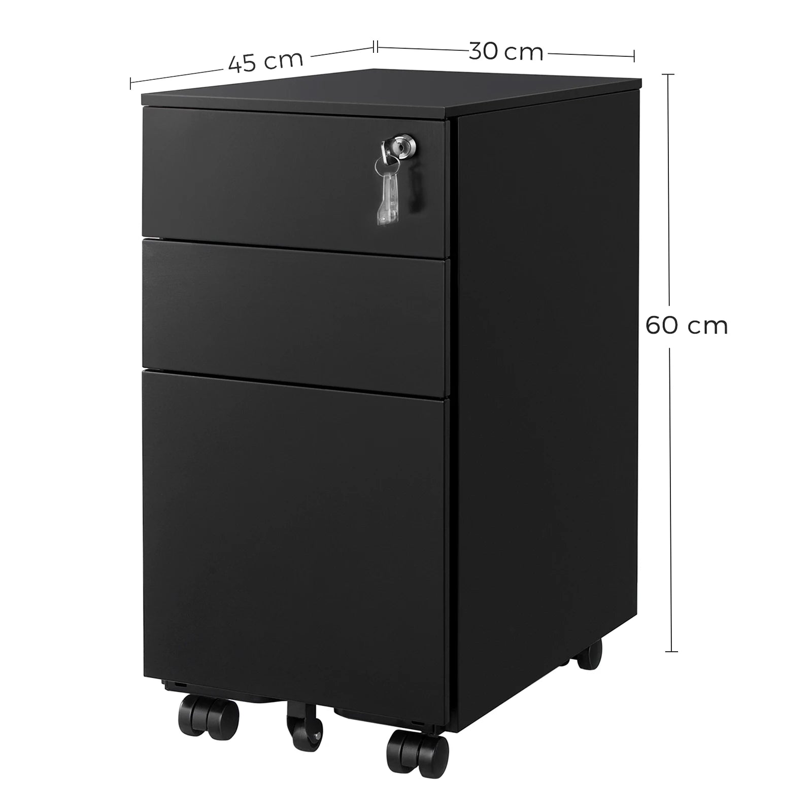 Rollcontainer 45 × 30 × 60 cm aus Stahl mit 3 Schubladen – Abschließbarer Aktenschrank auf Rollen