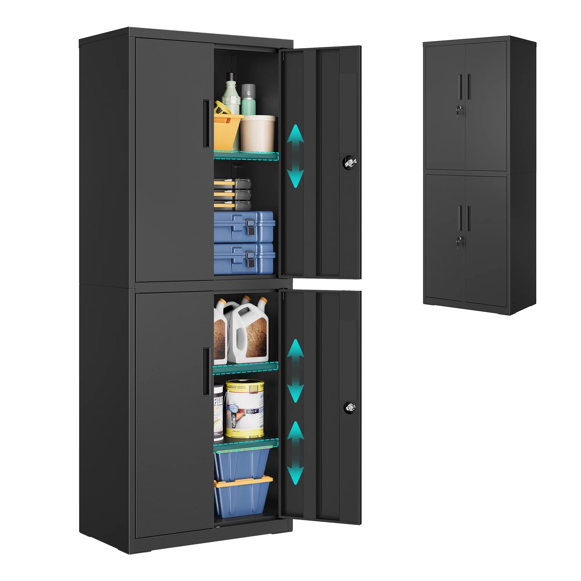 Metall-Aktenschrank 40 × 60 × 180 cm mit 4 Türen und 2 Schlössern – 5 Ebenen, Schwarz